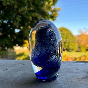 Vintage Hand Blown Glass Paperweight Blue Swirl Design‎ 4" Tall , 1" Base